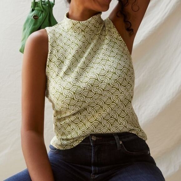 Maeve Structured Mock Neck Top Size M Green Motif Geometric Mod Anthropologie - Picture 7 of 14